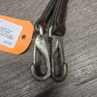v.Thick & Wide Leather Draw Reins, Snaps *gc/fair, clean, film/residue, v.stiff & v.dry, bent, twisted, creases, stains, oxidized
