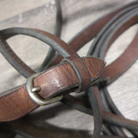 v.Thick & Wide Leather Draw Reins, Snaps *gc/fair, clean, film/residue, v.stiff & v.dry, bent, twisted, creases, stains, oxidized
