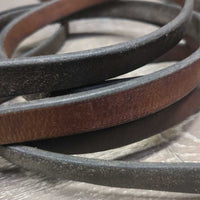 v.Thick & Wide Leather Draw Reins, Snaps *gc/fair, clean, film/residue, v.stiff & v.dry, bent, twisted, creases, stains, oxidized
