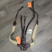 Elastic & Leather Breastplate, Running Martingale Attachment, Snaps *vgc/fair, clean, mnr rubs, V.STIFF & dry end - wont bend, older, oxidized
