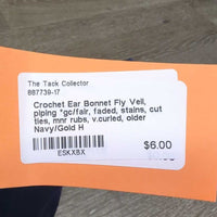 Crochet Ear Bonnet Fly Veil, piping *gc/fair, faded, stains, cut ties, mnr rubs, v.curled, older
