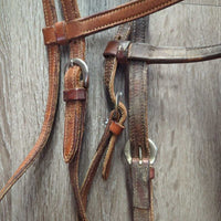 Leather Headstall, Leather Laces *gc, dry, scrapes, mnr dirty, edge curls, mnr rust, older
