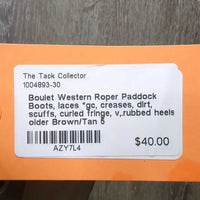 Western Roper Paddock Boots, laces *gc, creases, dirt, scuffs, curled fringe, v,.rubbed heels, older

