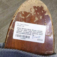 Short Bristle Body Brush, handle *gc/fair, older, hairy, bent bristles, peeled , scraped & chewed, clean
