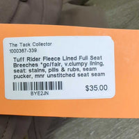 Fleece Lined Full Seat Breeches *gc/fair, v.clumpy lining, seat: stains, pills & rubs, seam pucker, mnr unstitched seat seam
