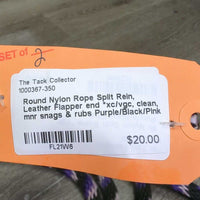 Round Nylon Rope Split Rein, Leather Flapper end *xc/vgc, clean, mnr snags & rubs
