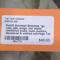 Euroseat Breeches *gc, rubs, pills, snags, mnr stains unstitched knees, seam puckers, discolored & stained seat/legs
