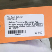 Euroseat Breeches *gc, undone seams, stained & discolored seat/legs, stains, rubs, pills
