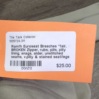 Euroseat Breeches *fair, BROKEN Zipper, rubs, pills, pilly lining, snags, older, unstitched seams, v.pilly & stained seat/legs
