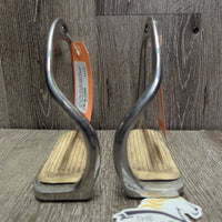 Foot Free - Hvy Fine Curved Safety Stirrup Irons, grips *vgc/gc, mnr dirt, scratches, stains & rust
