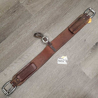 3" Wide Thick Oiled Leather Back Cinch, Center Hobble Strap, Tooled Keepers *vgc/gc, dirt, mnr scuffs, stains, scrapes & rubs, twisted hobble strap
