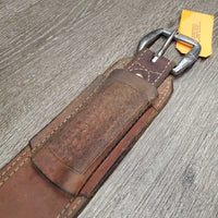 3" Wide Thick Oiled Leather Back Cinch, Center Hobble Strap, Tooled Keepers *vgc/gc, dirt, mnr scuffs, stains, scrapes & rubs, twisted hobble strap
