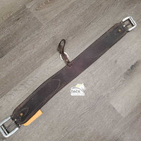 3" Wide Thick Oiled Leather Back Cinch, Center Hobble Strap, Tooled Keepers *vgc/gc, dirt, mnr scuffs, stains, scrapes & rubs, twisted hobble strap

