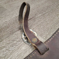3" Wide Thick Oiled Leather Back Cinch, Center Hobble Strap, Tooled Keepers *vgc/gc, dirt, mnr scuffs, stains, scrapes & rubs, twisted hobble strap
