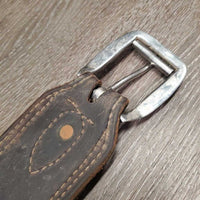 3" Wide Thick Oiled Leather Back Cinch, Center Hobble Strap, Tooled Keepers *vgc/gc, dirt, mnr scuffs, stains, scrapes & rubs, twisted hobble strap
