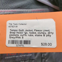 Quilt Jacket, Fleece Lined, Snap Hood *gc, faded, clumpy, dirty pockets, cuffs: rubs, stains & pilly
