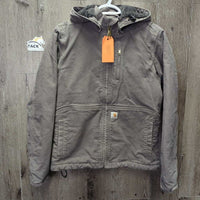 Sherpa Lined Duck Canvas Jacket, snap detach hood *vgc, clean, mnr faded/rubs, threads, clumpy, pills
