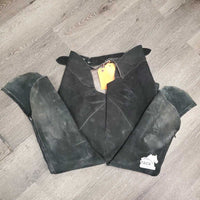 Pr Suede Full Chaps, Plastic Zipper *gc, rubs, faded, dirt, stiff, cut off fringe
