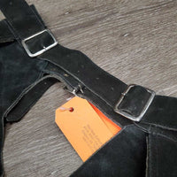 Pr Suede Full Chaps, Plastic Zipper *gc, rubs, faded, dirt, stiff, cut off fringe
