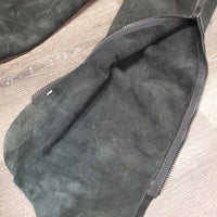 Pr Suede Full Chaps, Plastic Zipper *gc, rubs, faded, dirt, stiff, cut off fringe
