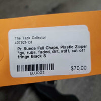 Pr Suede Full Chaps, Plastic Zipper *gc, rubs, faded, dirt, stiff, cut off fringe
