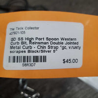 SS High Port Spoon Western Curb Bit, Reinsman Double Jointed Metal Curb - Chin Strap *gc, v.rusty, scrapes
