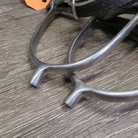 Pr POW Spurs, Thick Leather Spur Straps *gc, clean, widened, scratches, rubs *straps: xc
