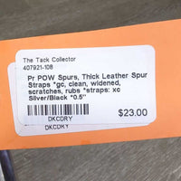 Pr POW Spurs, Thick Leather Spur Straps *gc, clean, widened, scratches, rubs *straps: xc
