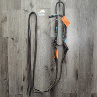 Leather & Rawhide Headstall, Quick Change, Split Reins *vgc, mnr dirt, edge scrapes, slice, rubs
