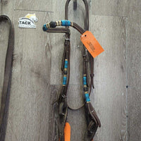 Leather & Rawhide Headstall, Quick Change, Split Reins *vgc, mnr dirt, edge scrapes, slice, rubs

