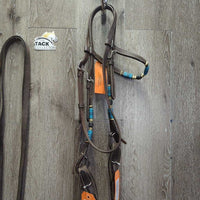 Leather & Rawhide Headstall, Quick Change, Split Reins *vgc, mnr dirt, edge scrapes, slice, rubs
