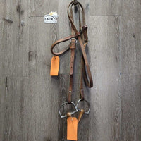 Leather Headstall, 5" Copper D Ring Bit *gc/fair, dirt, dry, older, creases, scrapes, dents, creases

