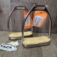 Fine Hvy Stirrup Irons, grips *gc, mnr dirt, yellowed, sliced grips, scratches, rubs, rust
