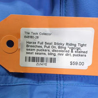 Full Seat Sticky Riding Tight Breeches, Pull On, Bling *vgc/gc, seam puckers, discolored & stained seat seams, bling, mnr dirt, puckers
