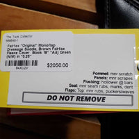 18" *Adj Green (N/M) in *5.25" Fairfax "Original" Monoflap Dressage Saddle, Brown Fairfax Fleece Cover, Wool Flocking, Front & Rear Gusset Panels, Lg Exterior Front Blocks, Flaps: 18"L x 13.5"W Serial # 18 032 023
