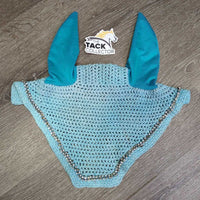 Crochet Fly Veil Ear Bonnet, bling *gc, clean, missing & v.loose bling, mnr curled edges, faded, stains & dingy
