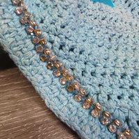 Crochet Fly Veil Ear Bonnet, bling *gc, clean, missing & v.loose bling, mnr curled edges, faded, stains & dingy
