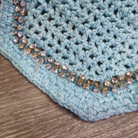 Crochet Fly Veil Ear Bonnet, bling *gc, clean, missing & v.loose bling, mnr curled edges, faded, stains & dingy
