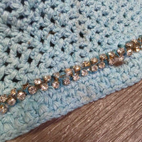 Crochet Fly Veil Ear Bonnet, bling *gc, clean, missing & v.loose bling, mnr curled edges, faded, stains & dingy
