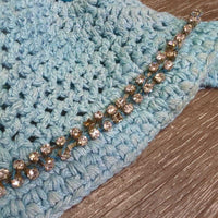 Crochet Fly Veil Ear Bonnet, bling *gc, clean, missing & v.loose bling, mnr curled edges, faded, stains & dingy

