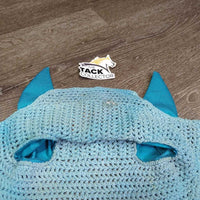 Crochet Fly Veil Ear Bonnet, bling *gc, clean, missing & v.loose bling, mnr curled edges, faded, stains & dingy
