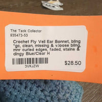 Crochet Fly Veil Ear Bonnet, bling *gc, clean, missing & v.loose bling, mnr curled edges, faded, stains & dingy
