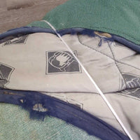 Lt Stable Blanket, 2 legs, 1 chest *gc/fair, dirt, clean, stains, snags, torn binding & leather, v. repaired, faded
