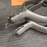 Thick Hvy Dressage Rowel Spurs, Thin Leather Spur Straps *fair, v.dirty, oxidation, rubs, scuffs, stains, older, unstitched
