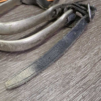 Thick Hvy Dressage Rowel Spurs, Thin Leather Spur Straps *fair, v.dirty, oxidation, rubs, scuffs, stains, older, unstitched
