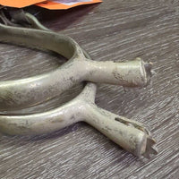 Thick Hvy Dressage Rowel Spurs, Thin Leather Spur Straps *fair, v.dirty, oxidation, rubs, scuffs, stains, older, unstitched
