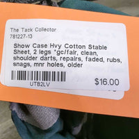 Hvy Cotton Stable Sheet, 2 legs *gc/fair, clean, shoulder darts, repairs, faded, rubs, snags, mnr holes, older
