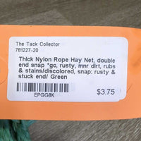 Thick Nylon Rope Hay Net, double end snap *gc, rusty, mnr dirt, rubs & stains/discolored, snap: rusty & stuck end/
