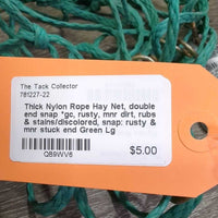 Thick Nylon Rope Hay Net, double end snap *gc, rusty, mnr dirt, rubs & stains/discolored, snap: rusty & mnr stuck end
