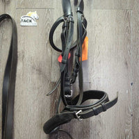 Soft Rsd Padded Bridle, Thick Wide Plain Reins, Buckles, Flash *gc, clean, older? film, trimmed end, rubs, scrapes
